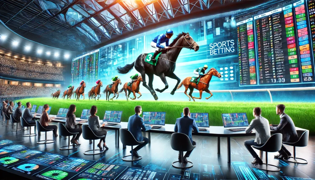 DALL·E 2025 01 04 01.05.50 A vibrant sports betting promotional image featuring a horse racing event on a large screen. The scene includes people placing bets using modern digit