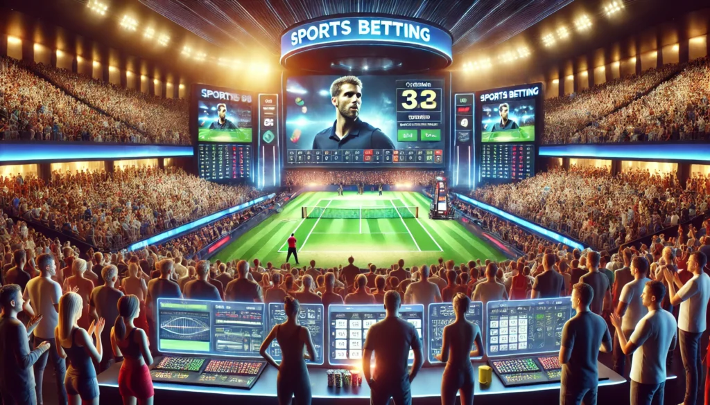 DALL·E 2025 01 04 01.06.00 A stunning promotional image for a sports betting setup featuring a crowd of enthusiastic fans watching a tennis match on a large screen. The scene in